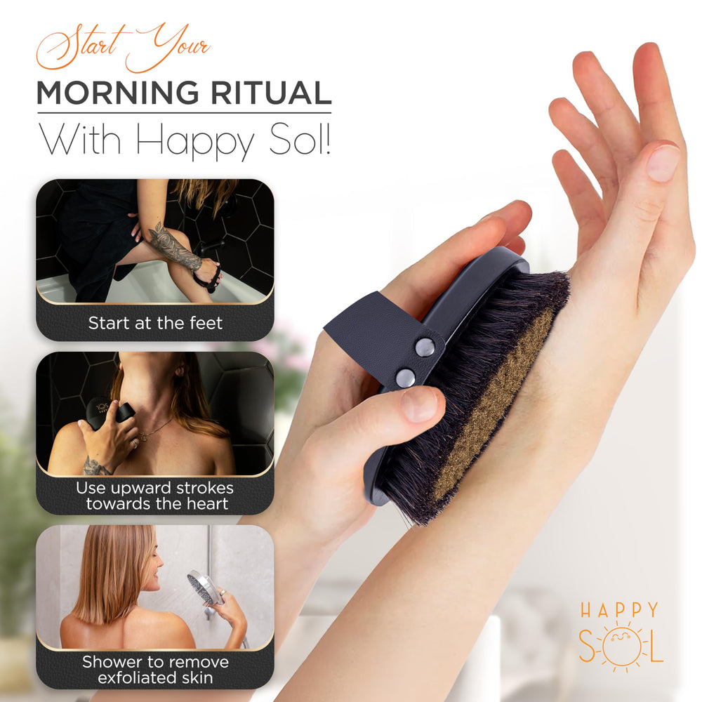 Happy Sol dry brushing foot-to-heart routine demonstrates direction for lymphatic-friendly motion.