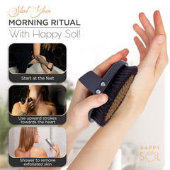Happy Sol dry brushing foot-to-heart routine demonstrates direction for lymphatic-friendly motion.