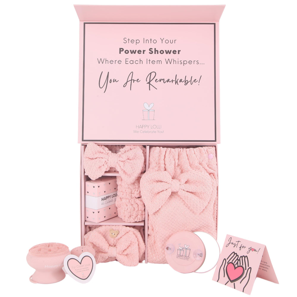 HAPPY LOLLI Power Shower Gift Set box in pink packaging, ready to gift for birthdays and holidays.