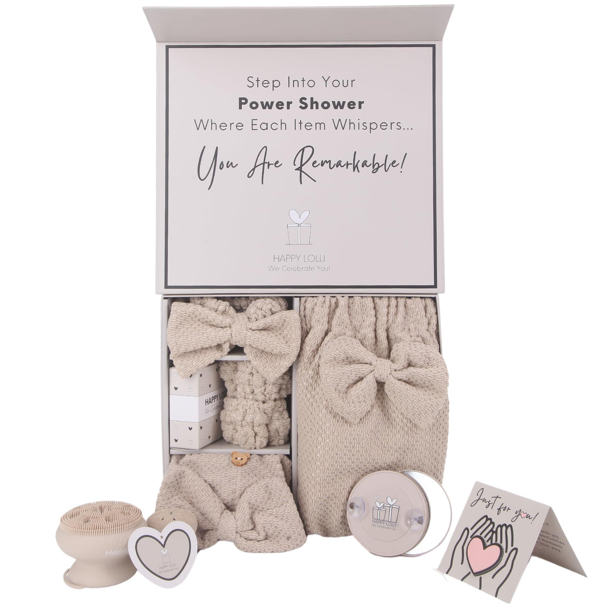 Happy Lolli Power Shower Gift Set beige packaging for effortless gifting and a premium unboxing experience.