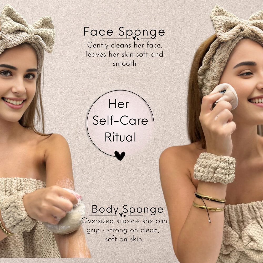Happy Lolli towel headband secures hair while skincare routines.