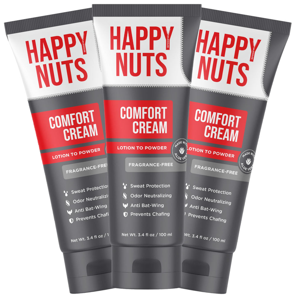 Happy Nuts Comfort Cream unscented 3-pack shown for daily protection