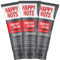 Happy Nuts Comfort Cream unscented 3-pack shown for daily protection