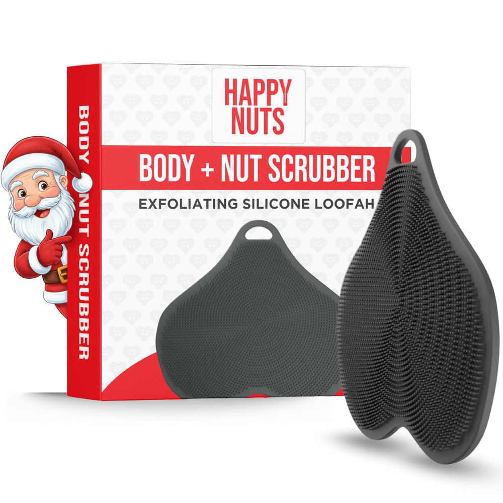 HAPPY NUTS silicone body scrubber with ergonomic handle for comfortable exfoliation.