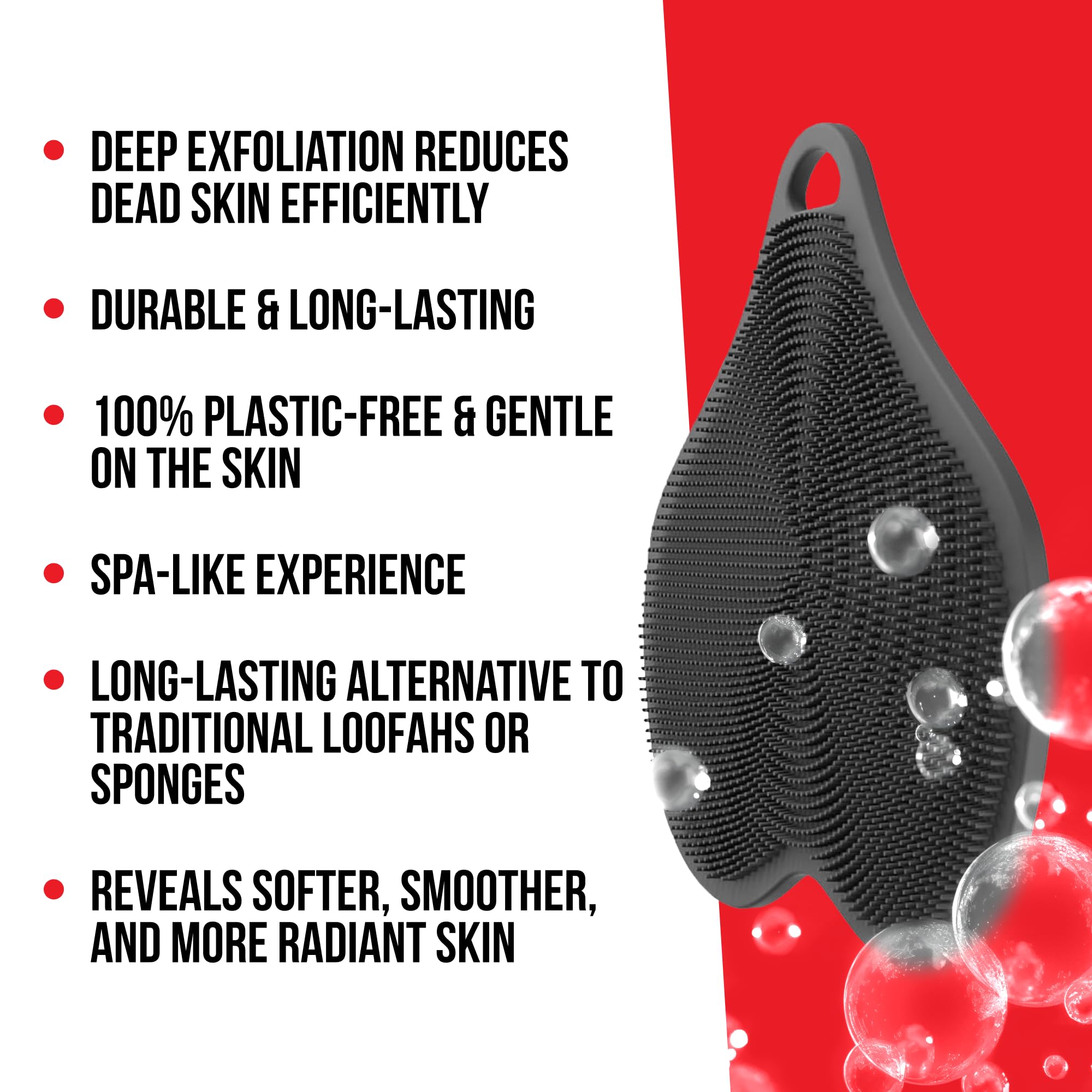 HAPPY NUTS silicone body scrubber shown in a shower scene for easy cleansing.