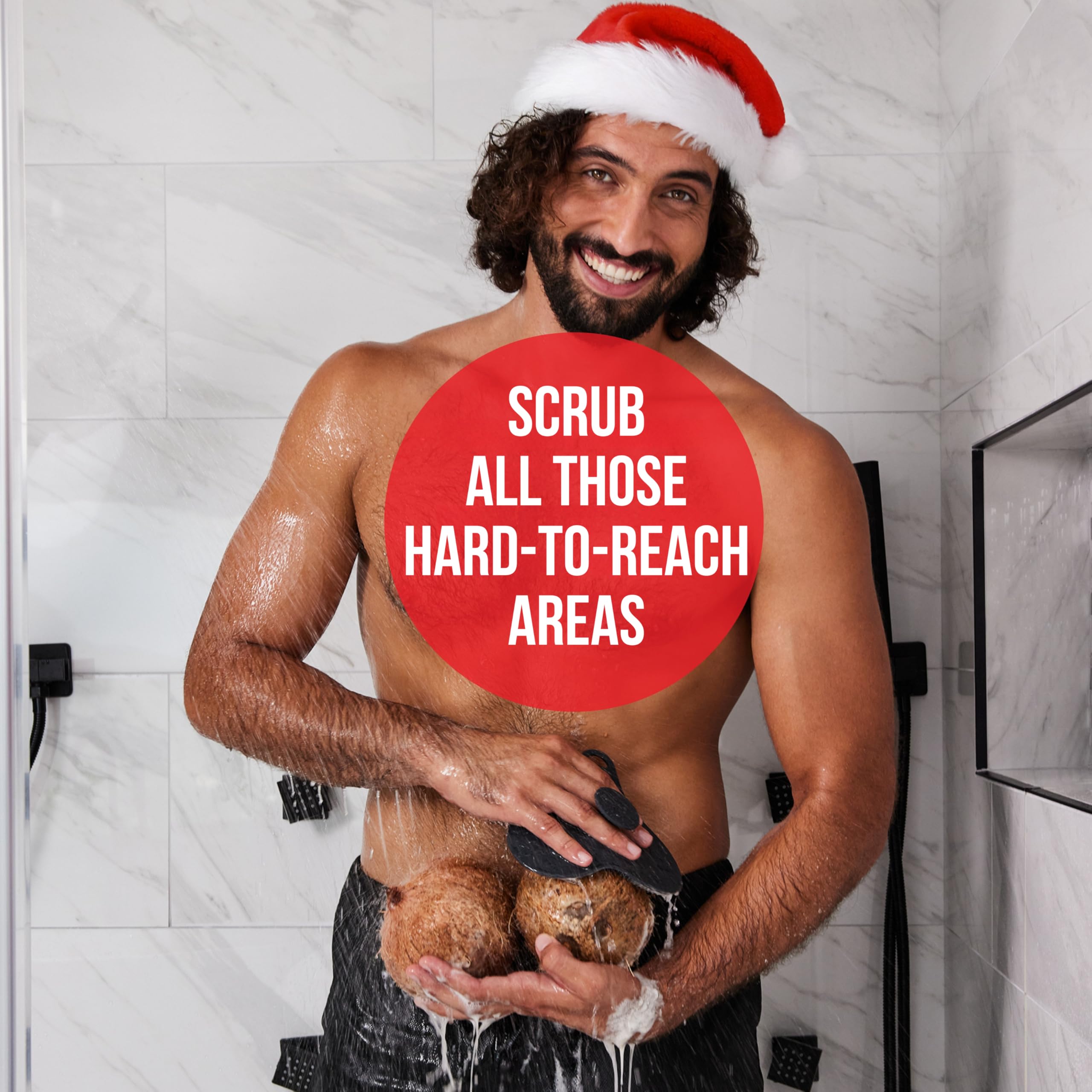HAPPY NUTS silicone body scrubber textured grip keeps you secure in the shower.