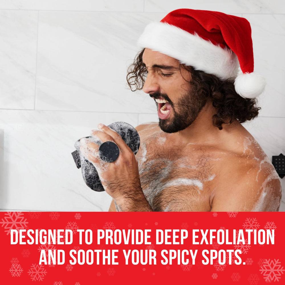 HAPPY NUTS silicone body scrubber used on wet skin for quick cleansing.