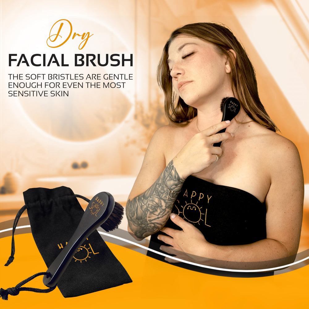 Happy Sol face brushing in morning routine highlighting lymphatic drainage with light strokes.