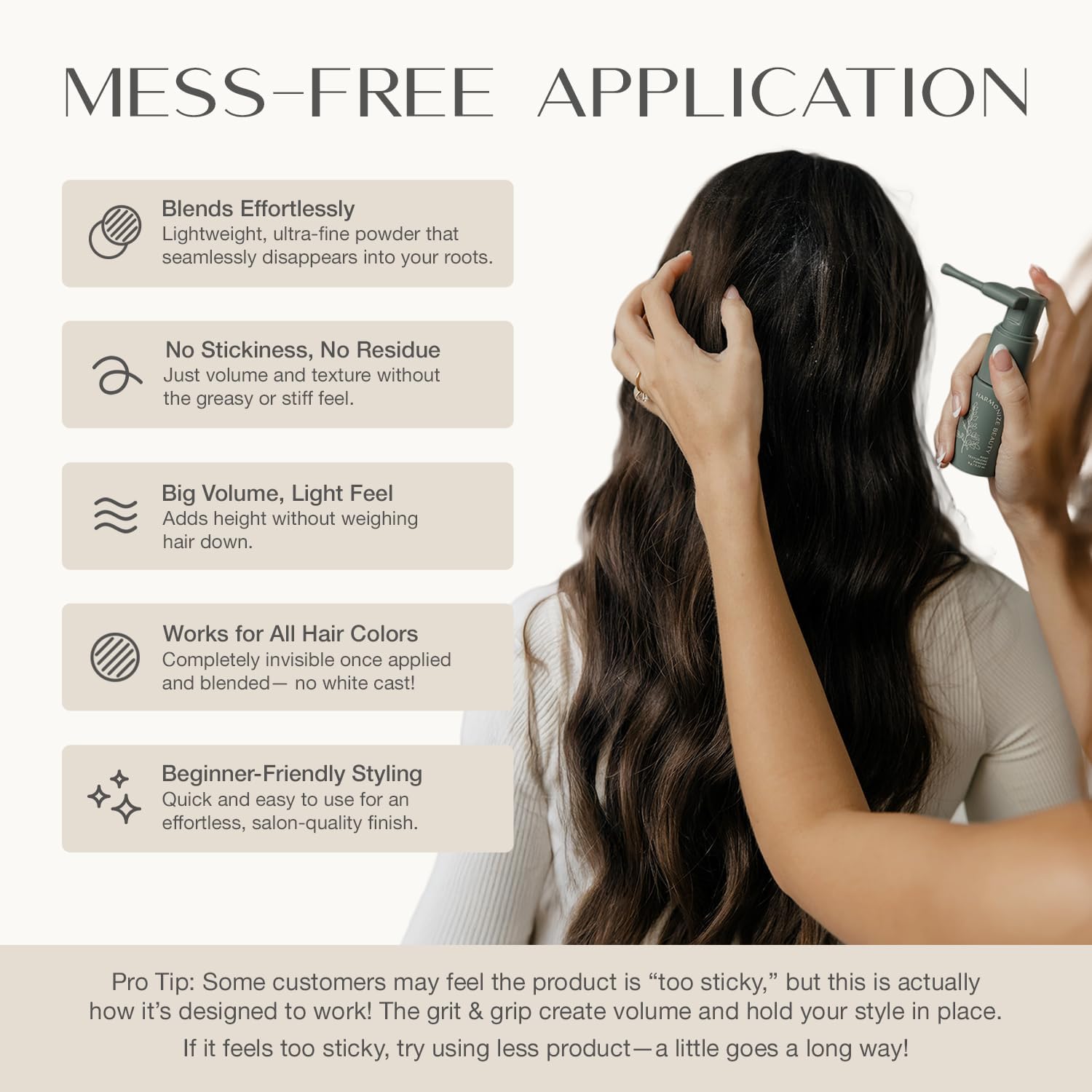 Harmonize Beauty Root Texture Powder bottle dispense shows quick root refresh