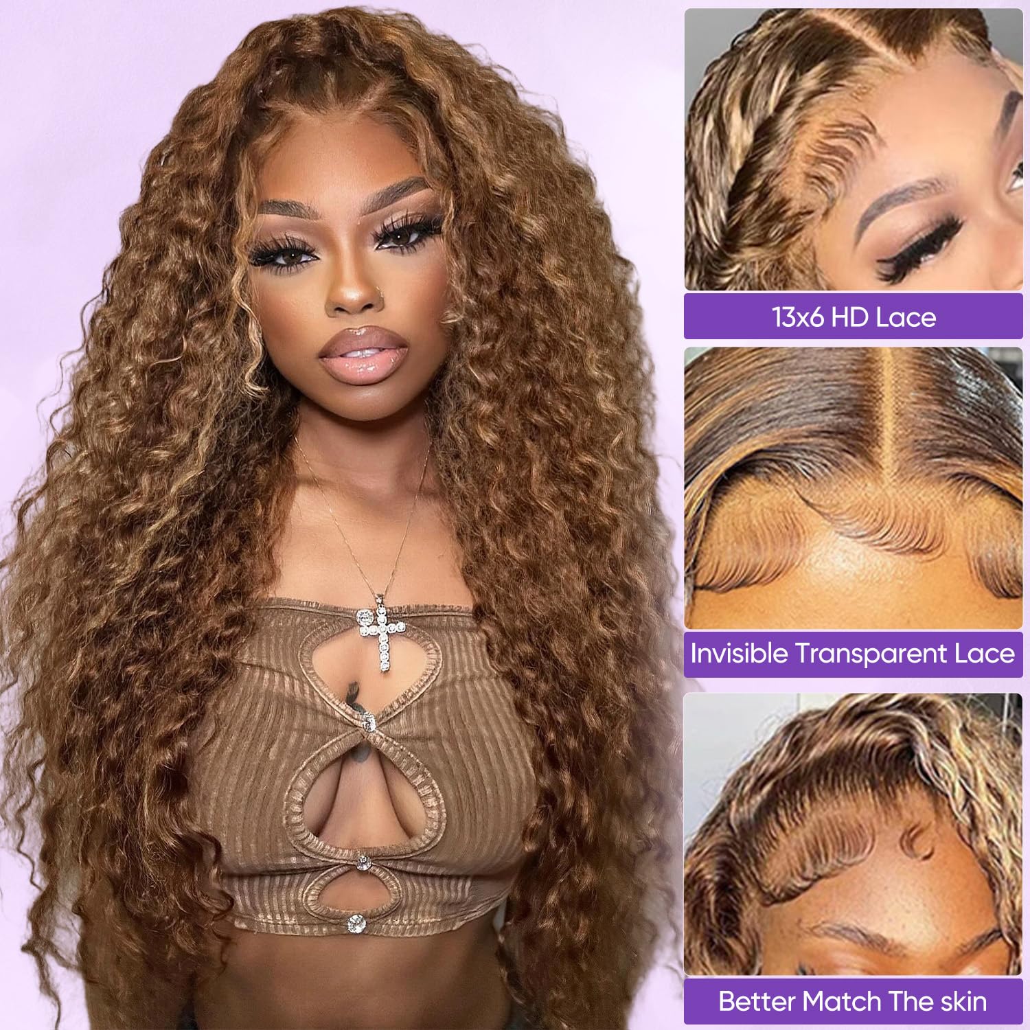 Harmsh honey blonde deep wave texture detail for rich, voluminous curls.