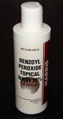 Harris Pharmaceuticals Benzoyl Peroxide 10% Acne Wash label closeup showing active ingredient and product identity for skin routines.