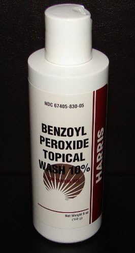 Harris Pharmaceuticals benzoyl peroxide 10% acne wash packaging shows a 5oz bottle.