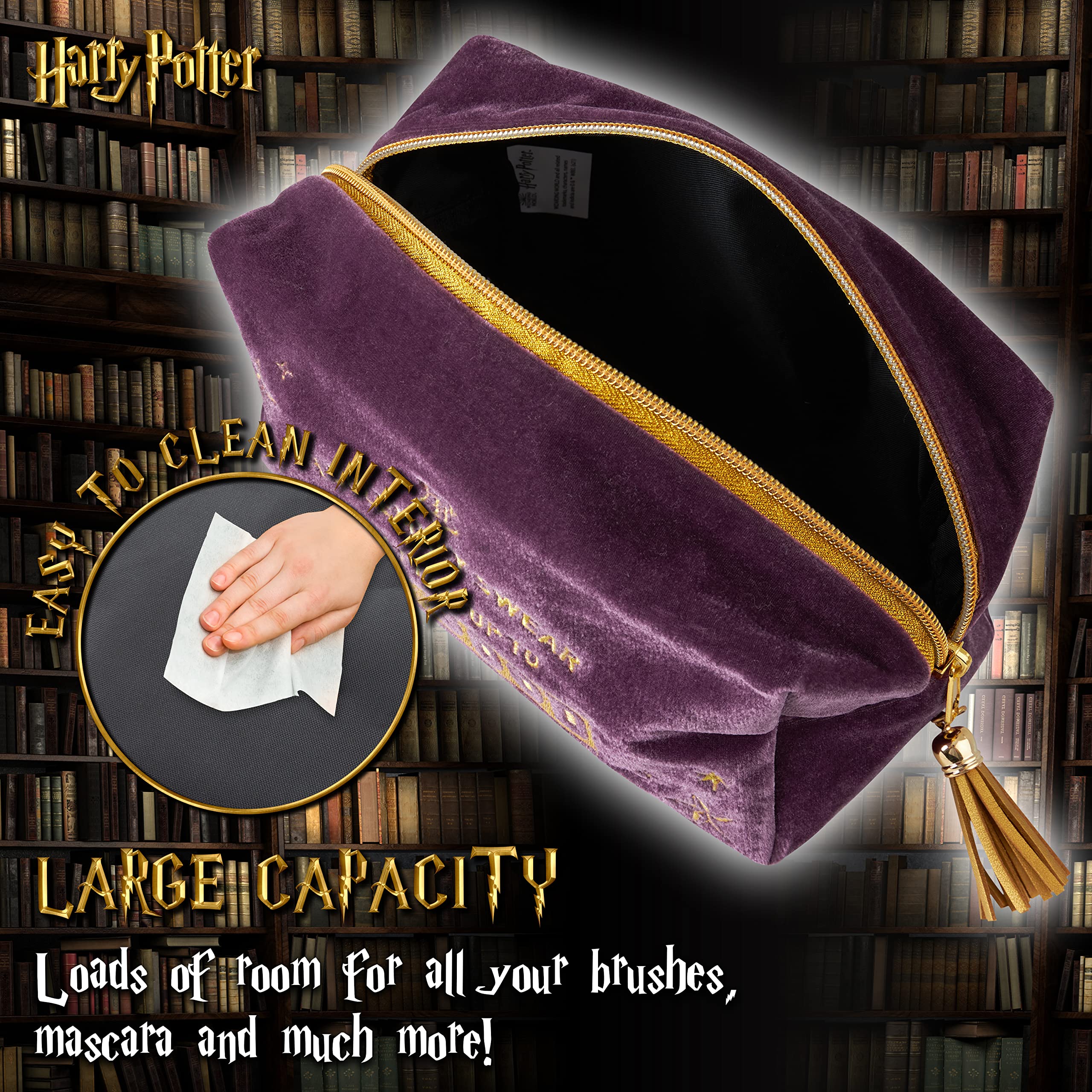 Harry Potter velvet makeup bag internal capacity supports travel essentials.