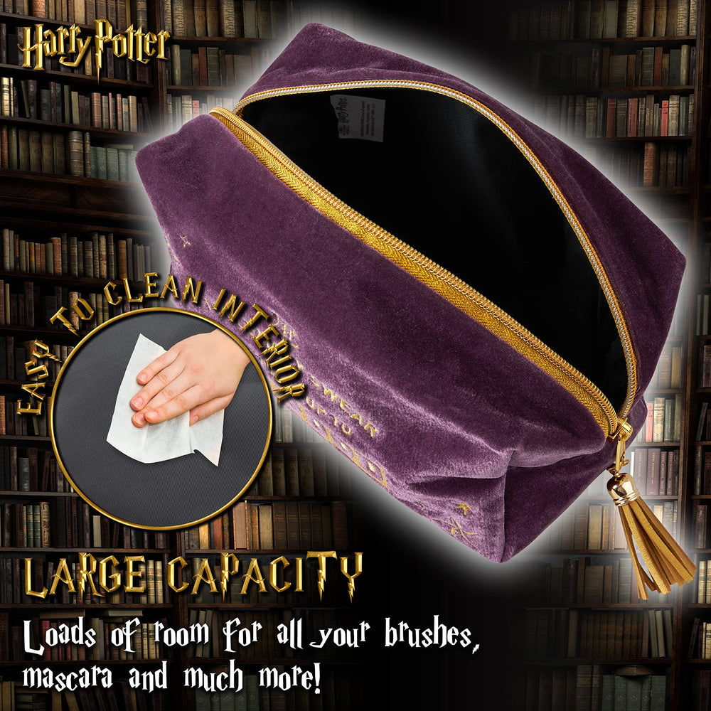 Harry Potter velvet makeup bag internal capacity supports travel essentials.