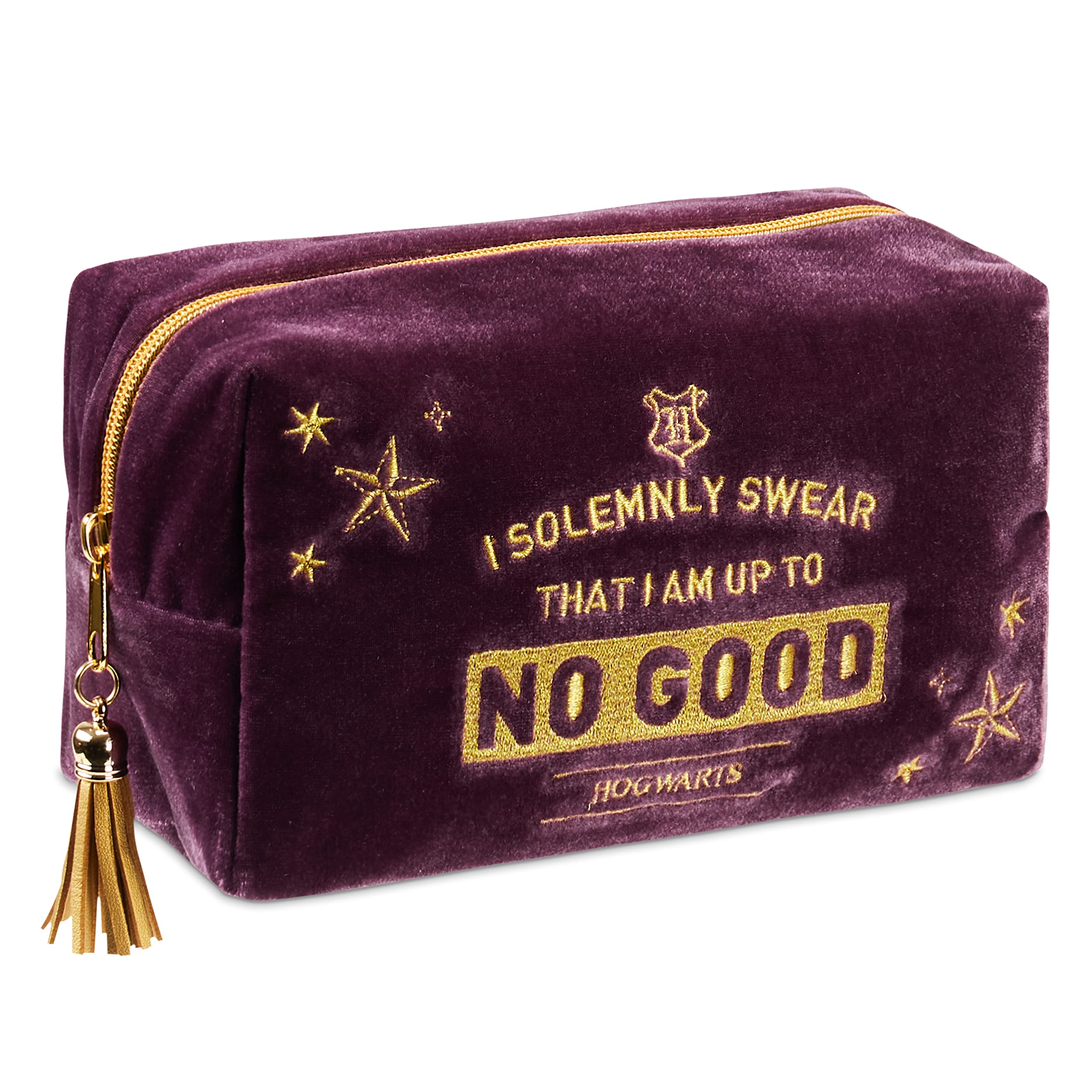 Harry Potter velvet makeup bag close-up reveals plush purple fabric and sturdy zipper for travel organization.