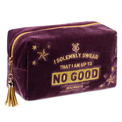 Harry Potter velvet makeup bag close-up reveals plush purple fabric and sturdy zipper for travel organization.