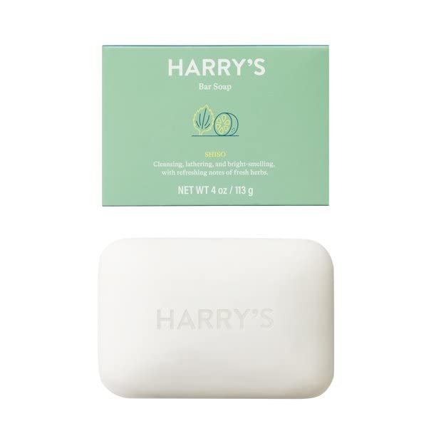 Harry's Shiso bar soap held in hand; smooth skin after use.