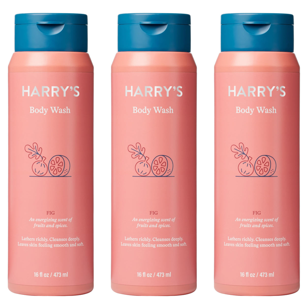 Harry's Fig-scent body wash bottle pouring to start a refreshing shower