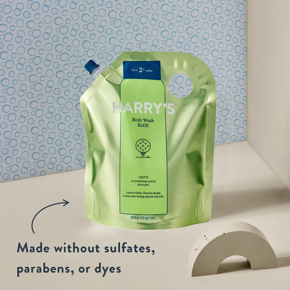 Harry's Body Wash pump with Grove scent ready to lather and cleanse.