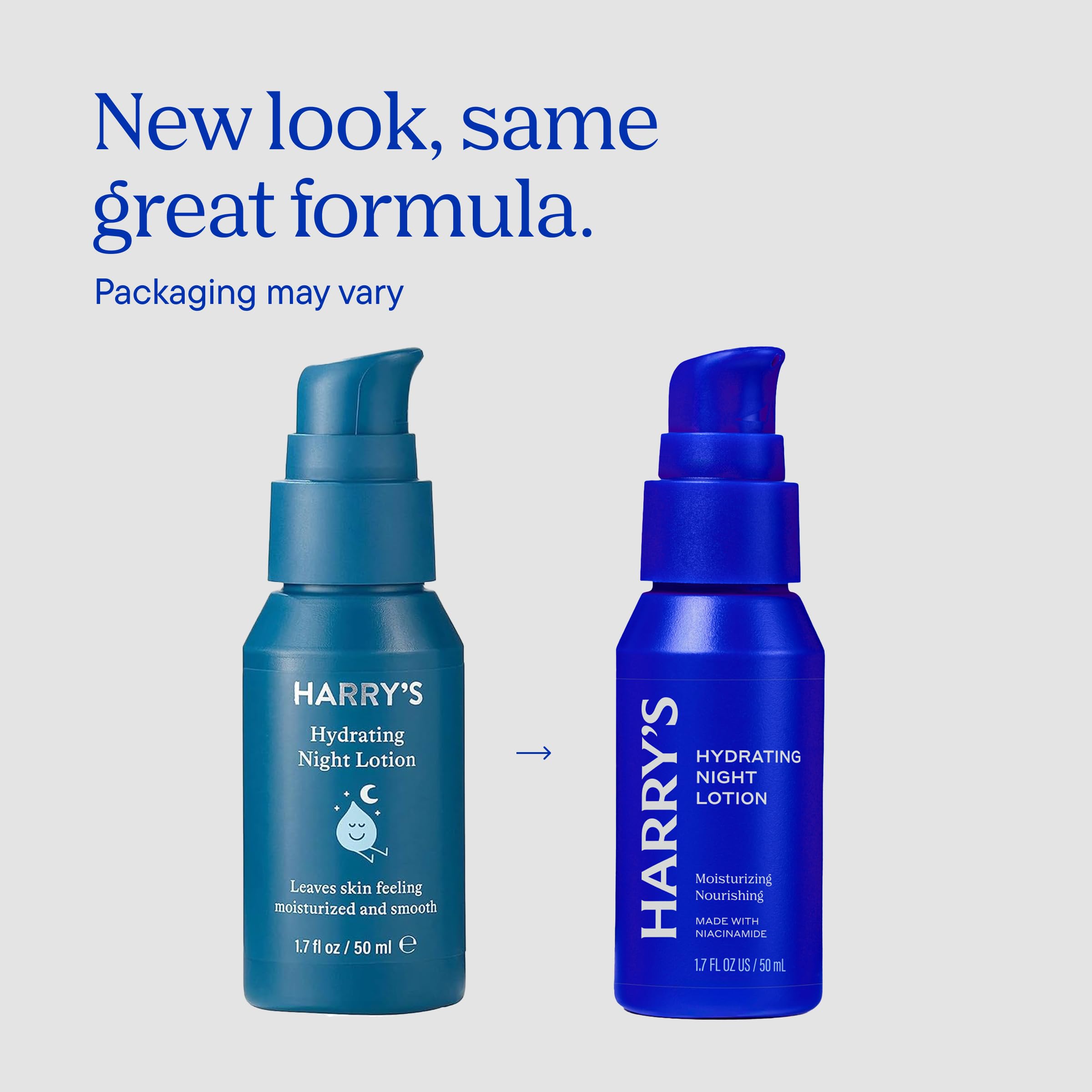 Harry's Hydrating Night Lotion pump-dispense shows easy 1–2 pump nightly application.