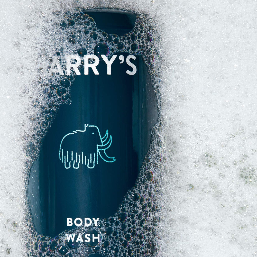 Harry's Body Wash bottle on shelf illustrates simple daily routine.