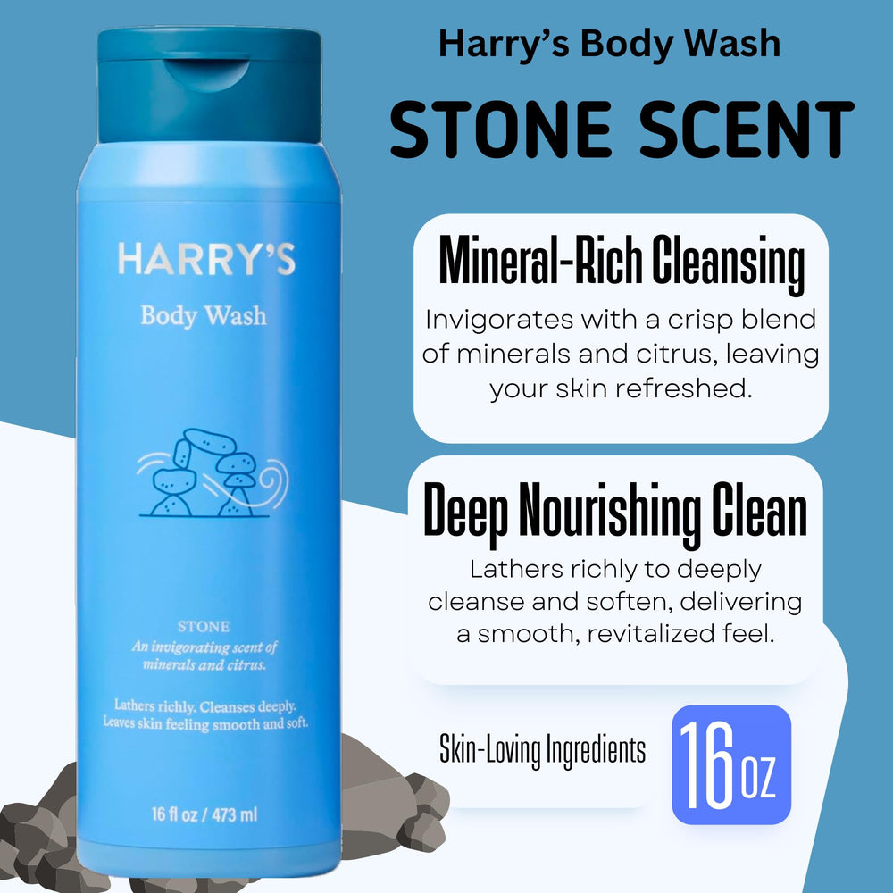 Harrys Stone bottle of men's body wash emphasizing deep clean and masculine fragrance