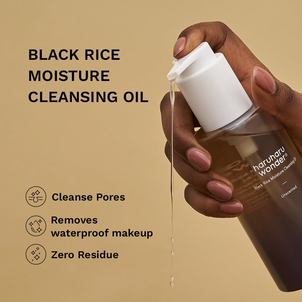 HARUHARU Wonder Black Rice oil drop close-up shows silky cleansing texture.