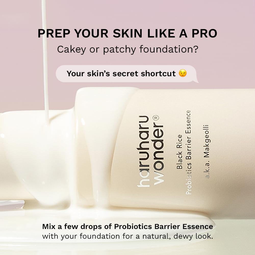 HARUHARU Wonder barrier essence bottle with pump disperses milky hydration for smooth makeup base.