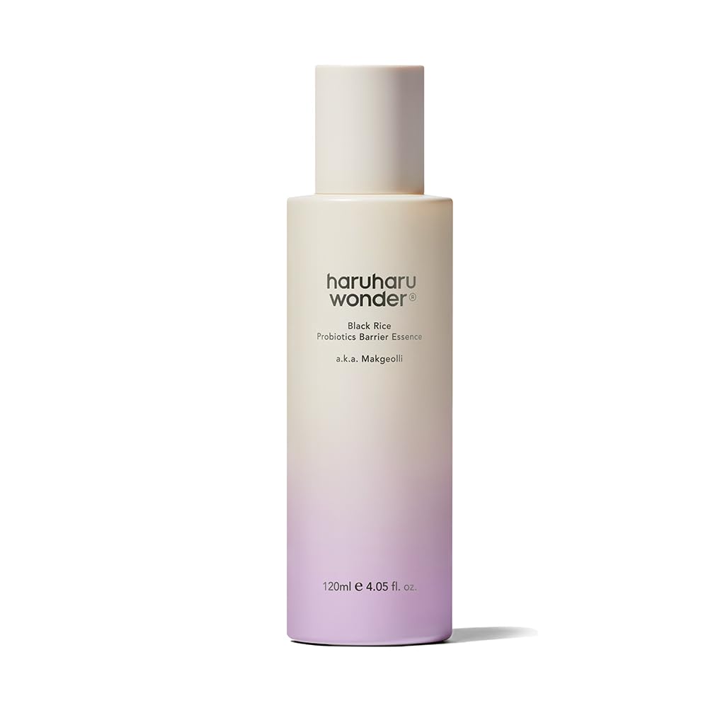 HARUHARU Wonder Black Rice Probiotics Barrier Essence bottle showcases hydrating, radiant skin support.