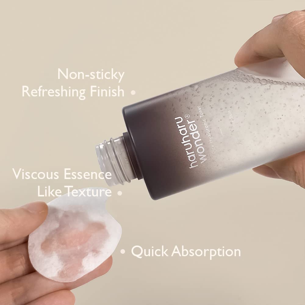 HARUHARU Wonder Black Rice Toner with hyaluronic acid suggests deep hydration and plump-looking skin.