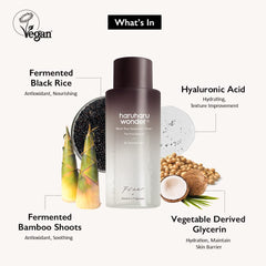 HARUHARU Wonder Black Rice Toner label closeup highlights fragrance-free, alcohol-free formulation.