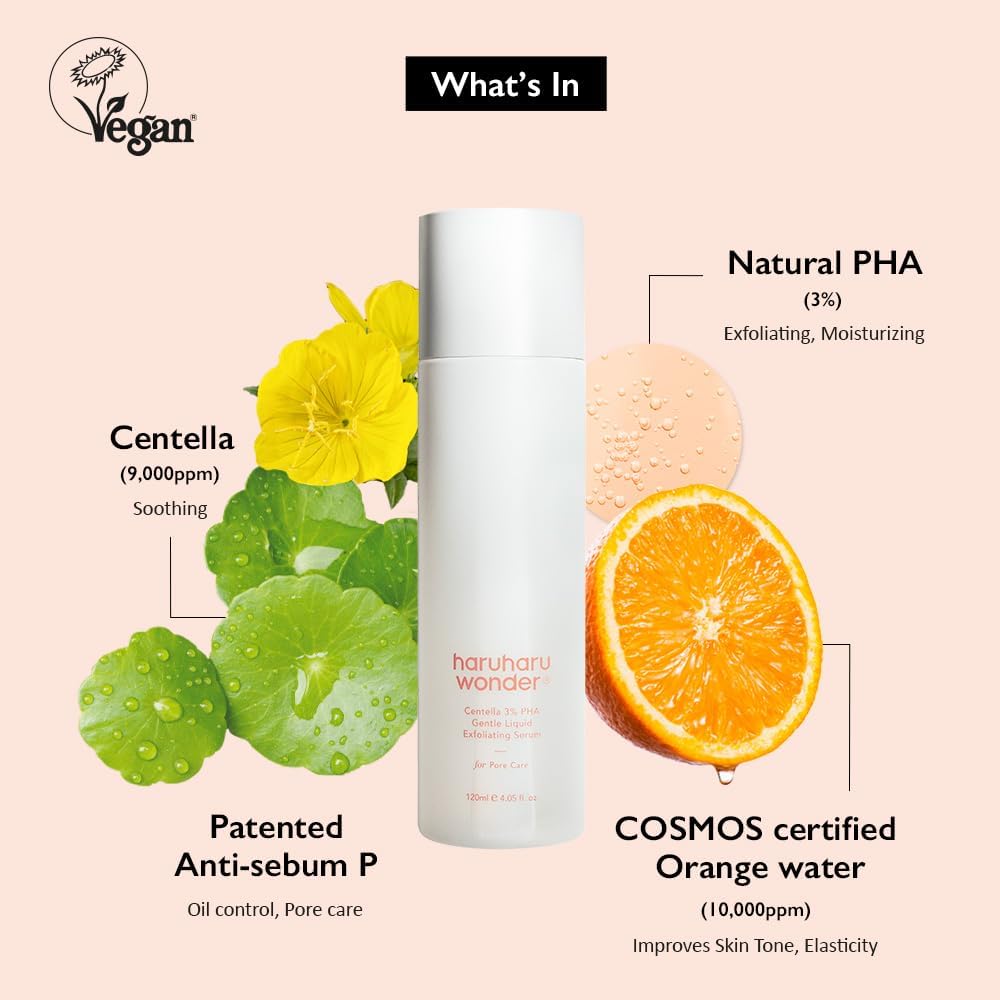 HARUHARU Wonder Centella 3% PHA with orange fruit water for radiant effect.