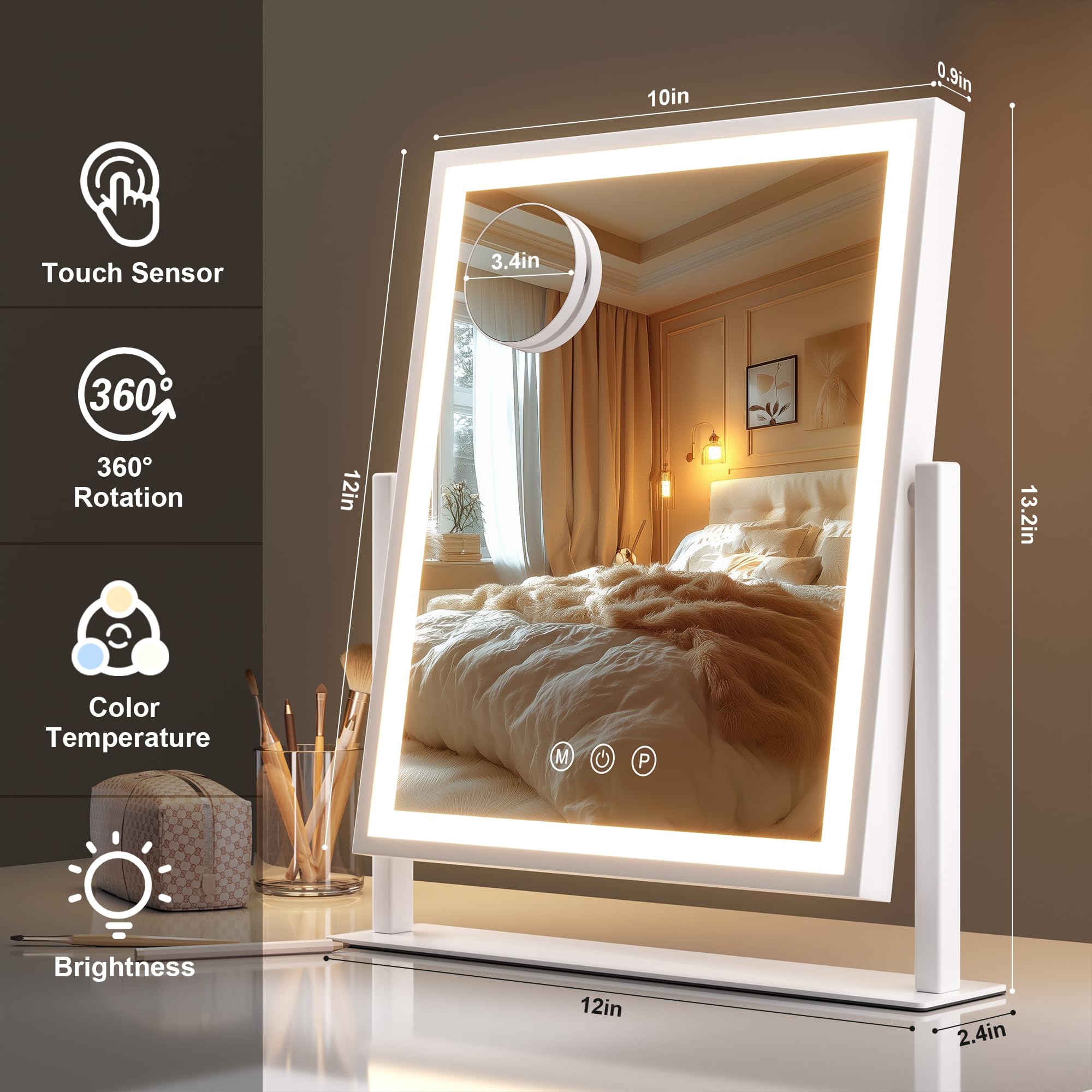 Hasipu vanity mirror shown at 360-degree rotation for versatile viewing angles