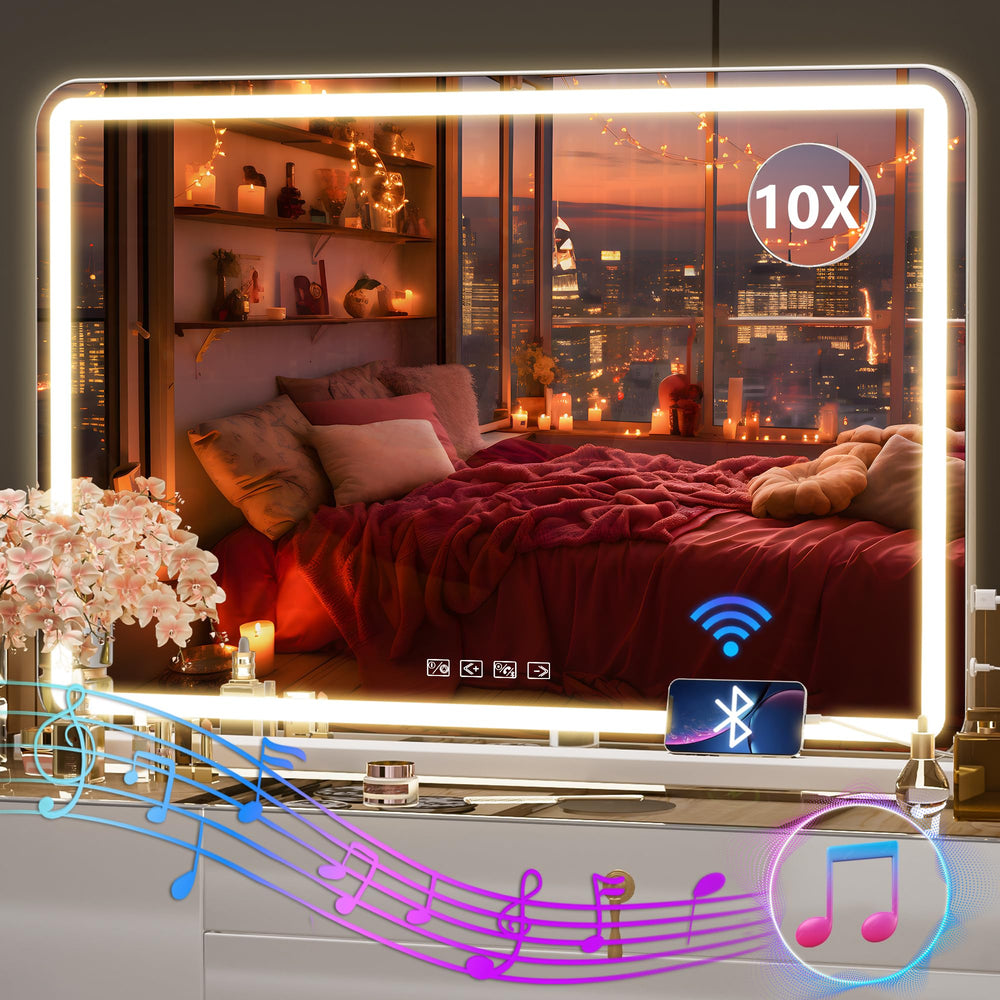 Hasipu vanity mirror with lights and Bluetooth speaker for makeup sessions.