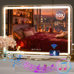 Hasipu vanity mirror with lights and Bluetooth speaker for makeup sessions.