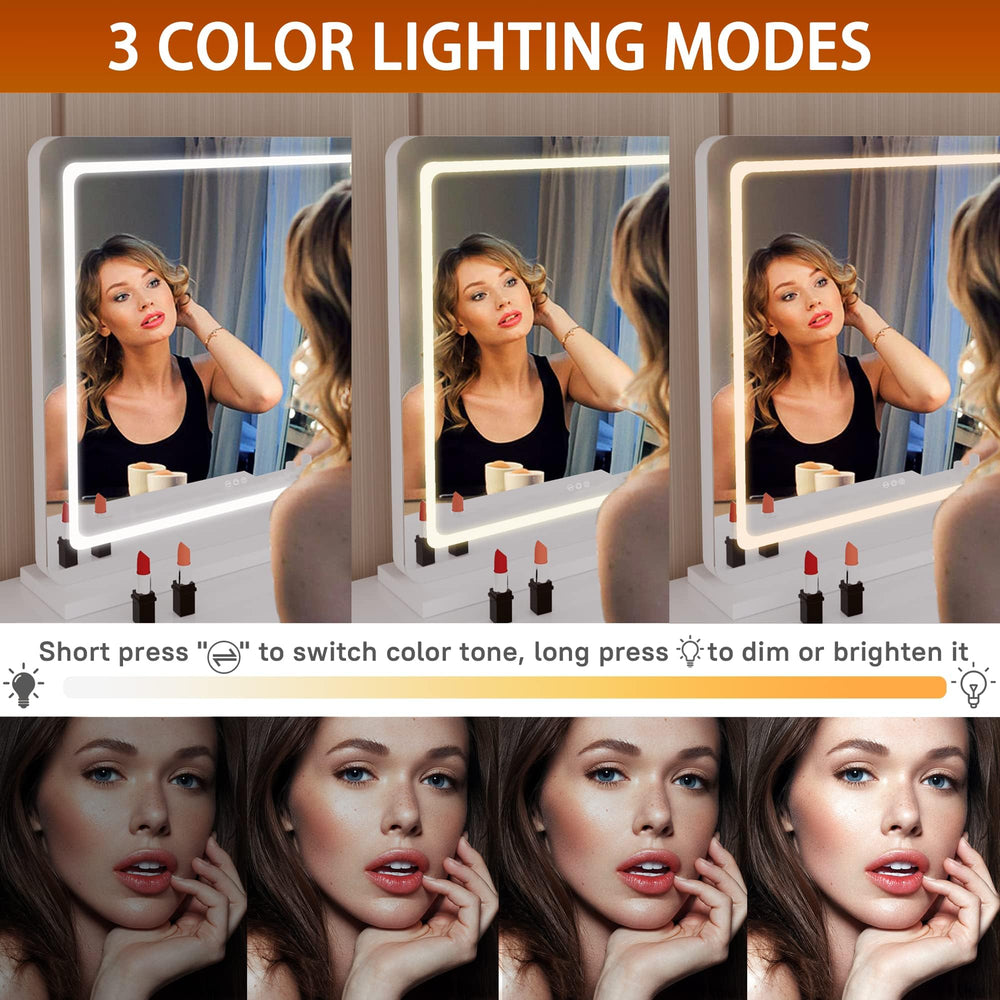 Hasipu vanity mirror touch-control panel for quick brightness and color mode changes.