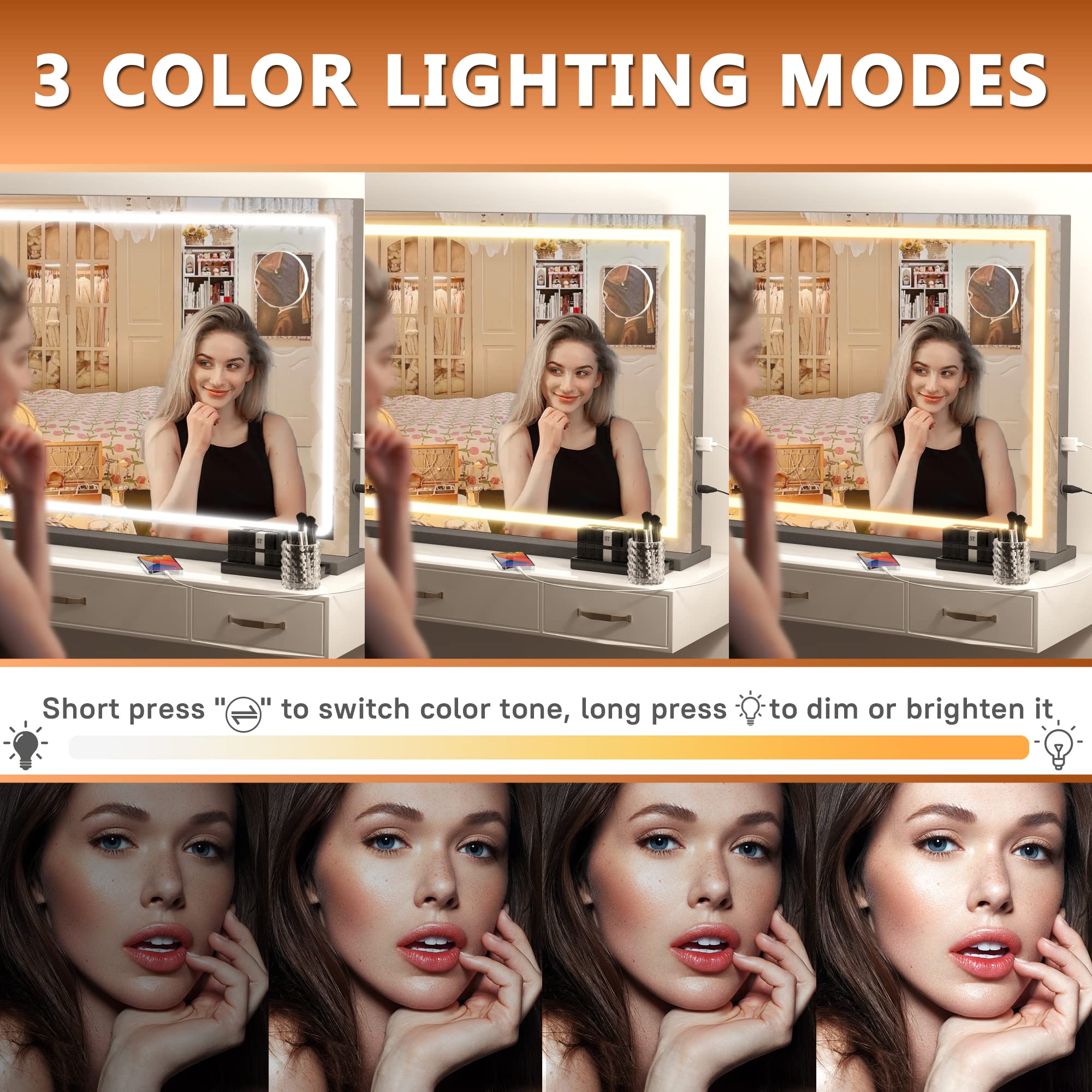 Hasipu vanity mirror touch-control panel for color and brightness adjustments