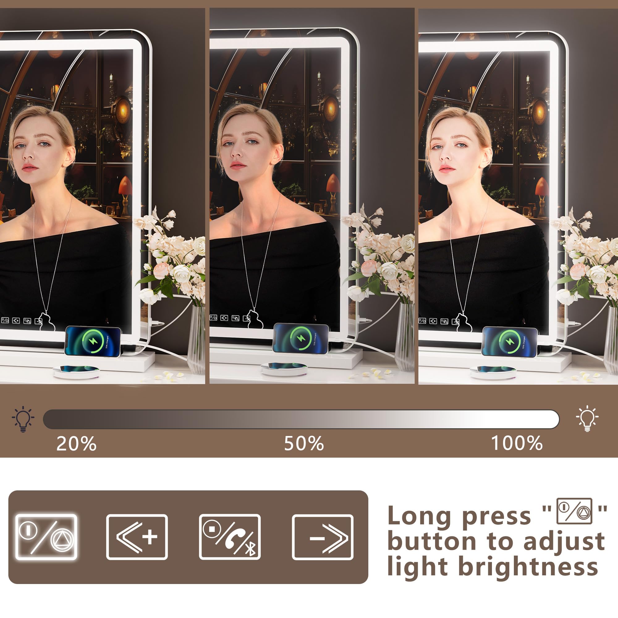 Hasipu vanity mirror USB charging port for devices while getting ready.
