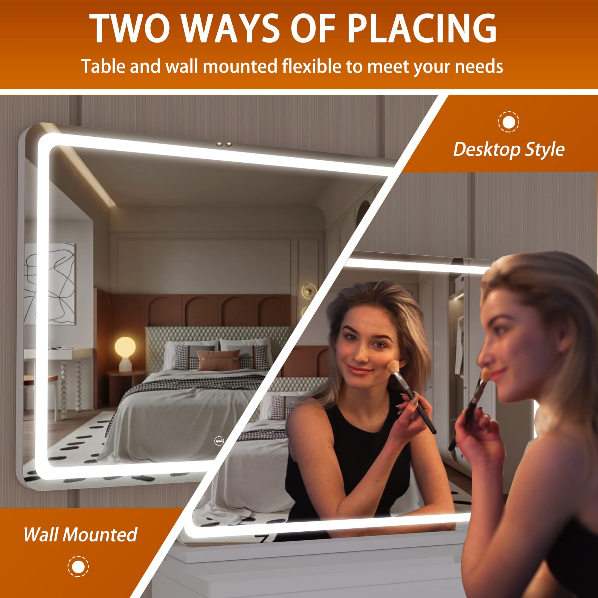 Hasipu vanity mirror wall-mount option saves desk space and clean setup.