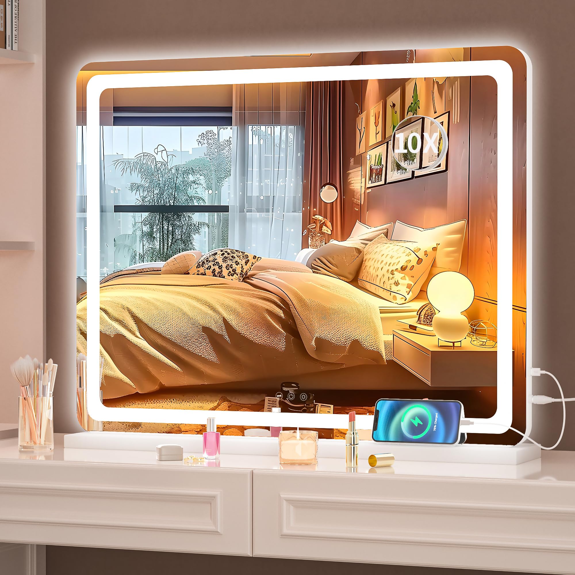 Hasipu vanity mirror white round finish complements any dressing area.