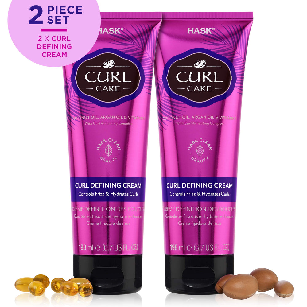 HASK 2pc bundle display at bathroom vanity for daily curl routine.