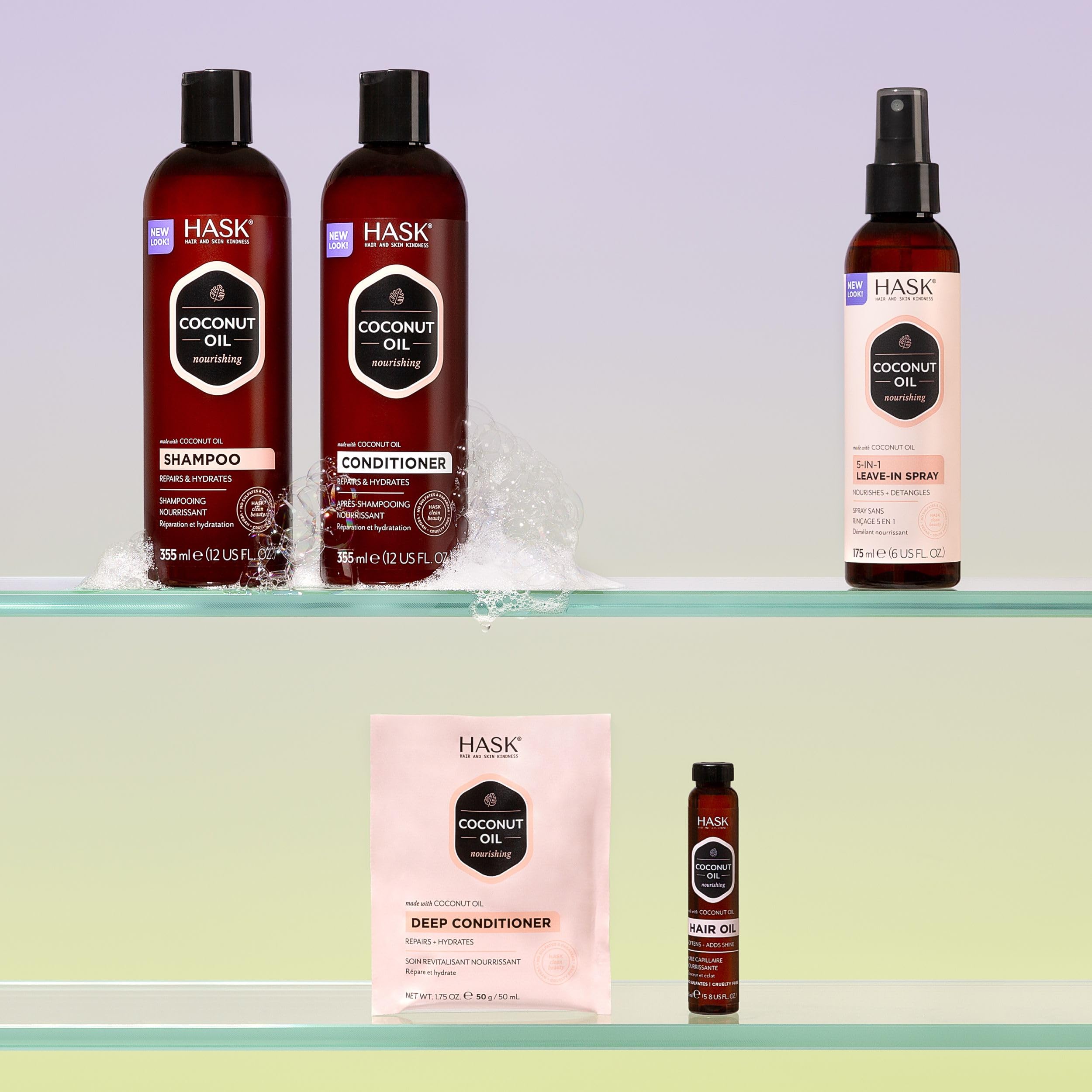HASK all hair types image emphasizes color-safe, sulfate-free formula for treated hair.