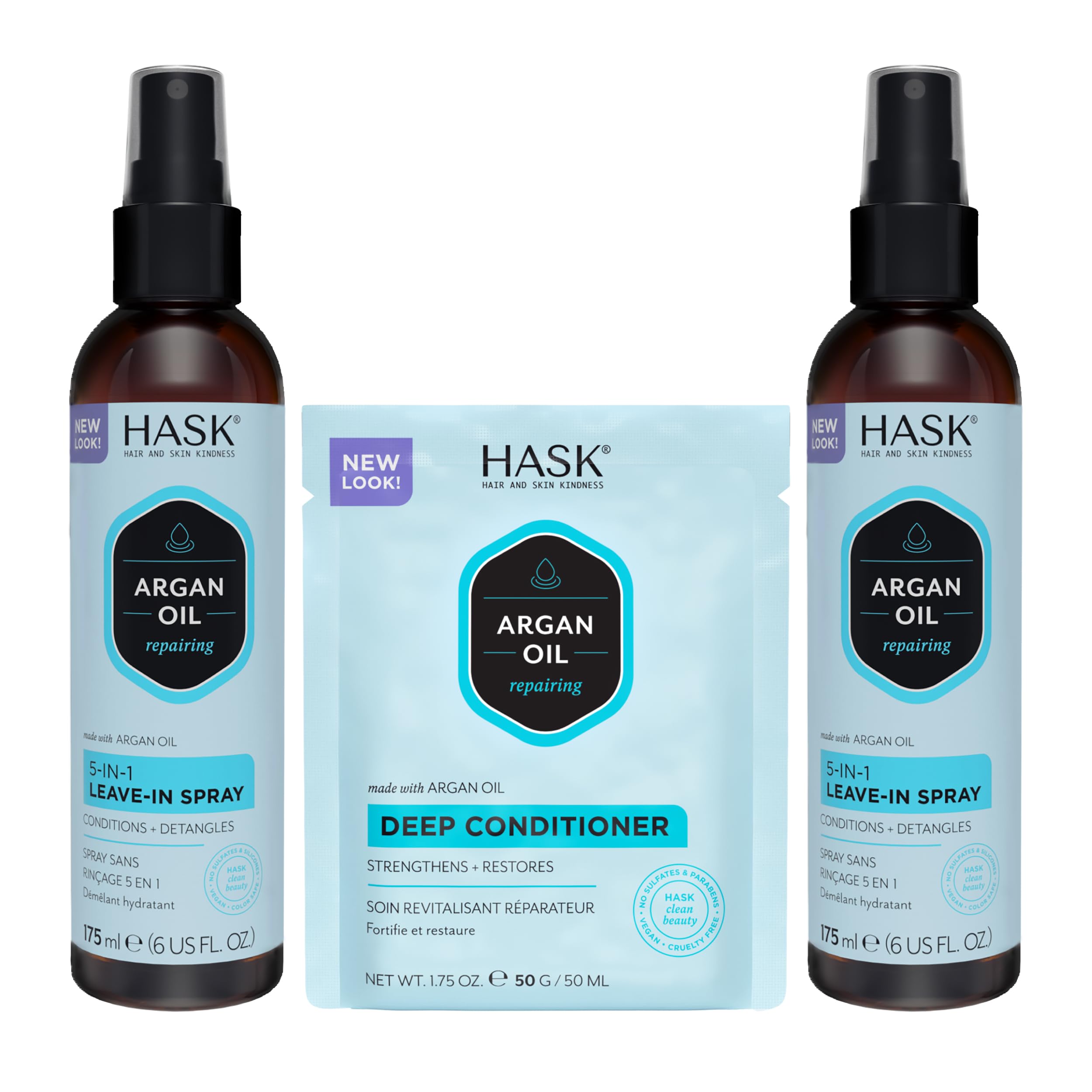 HASK Argan Oil 5-in-1 Leave-In Bottle delivers detangling and shine.