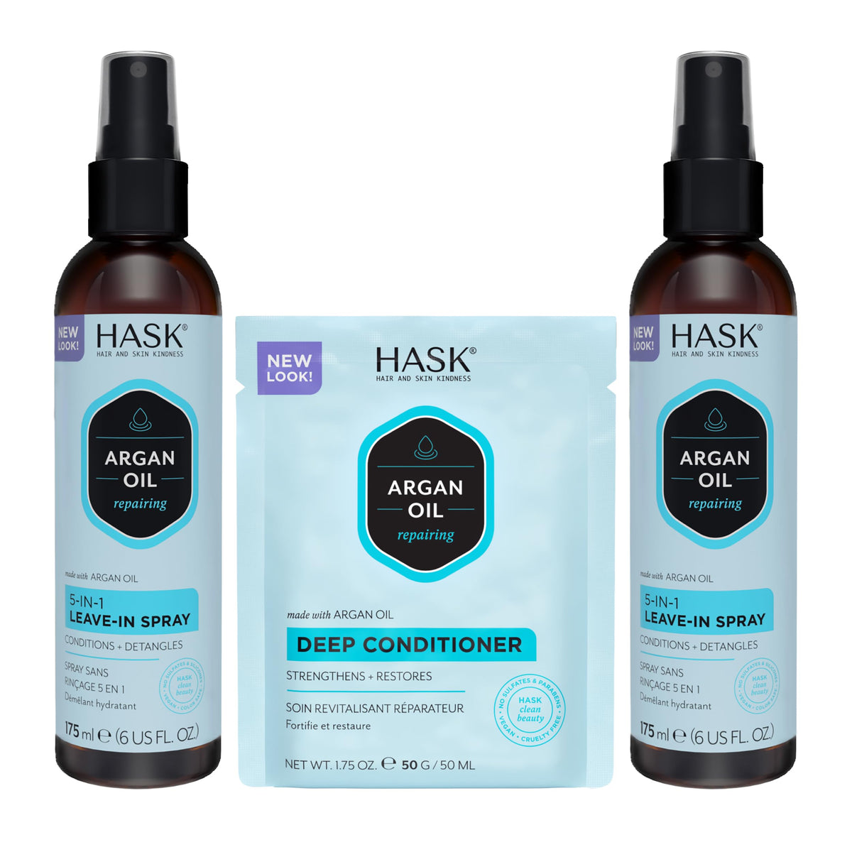 HASK Argan Oil 5-in-1 Leave-In Bottle delivers detangling and shine.