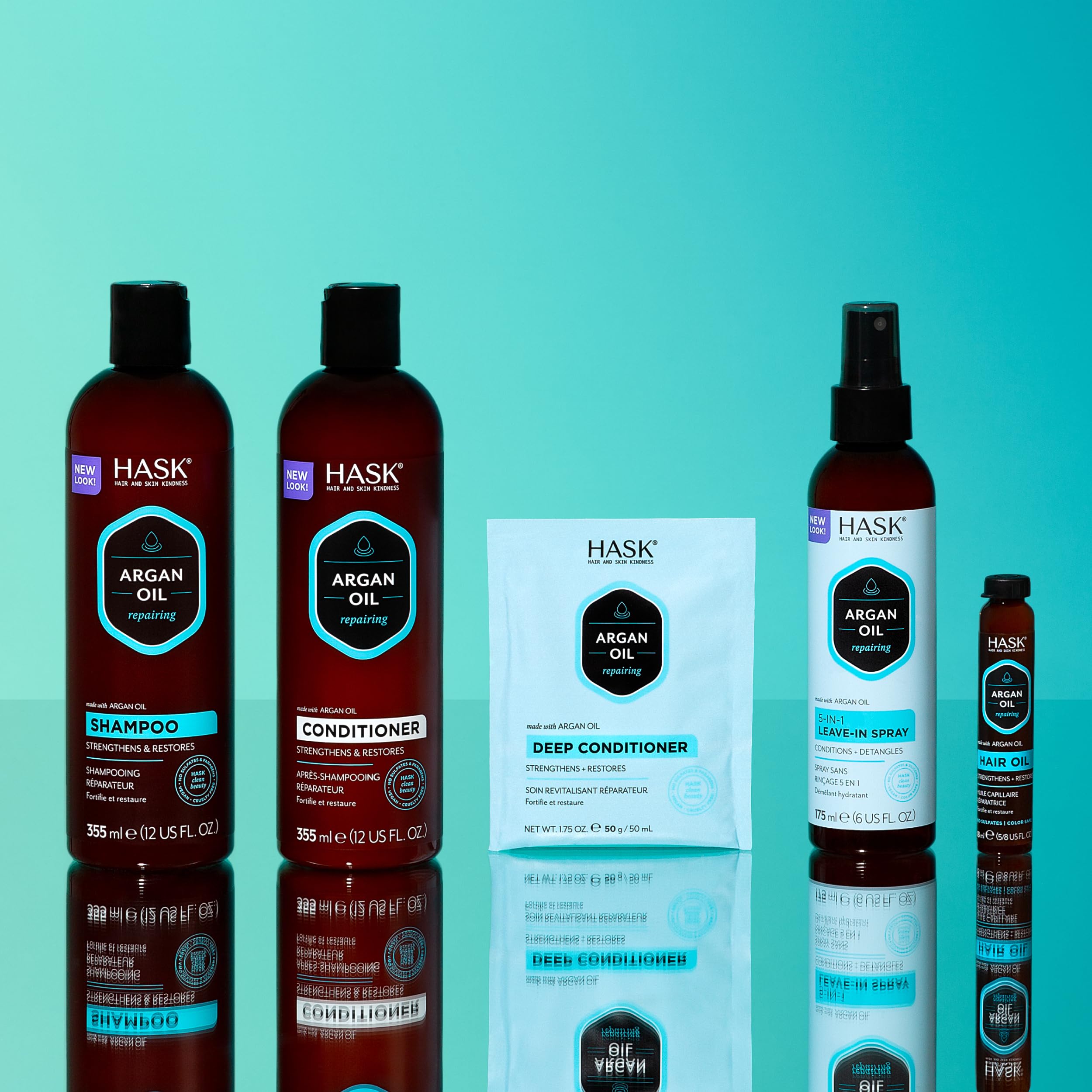 HASK Bundle Display with two leave-in sprays and a deep conditioner.