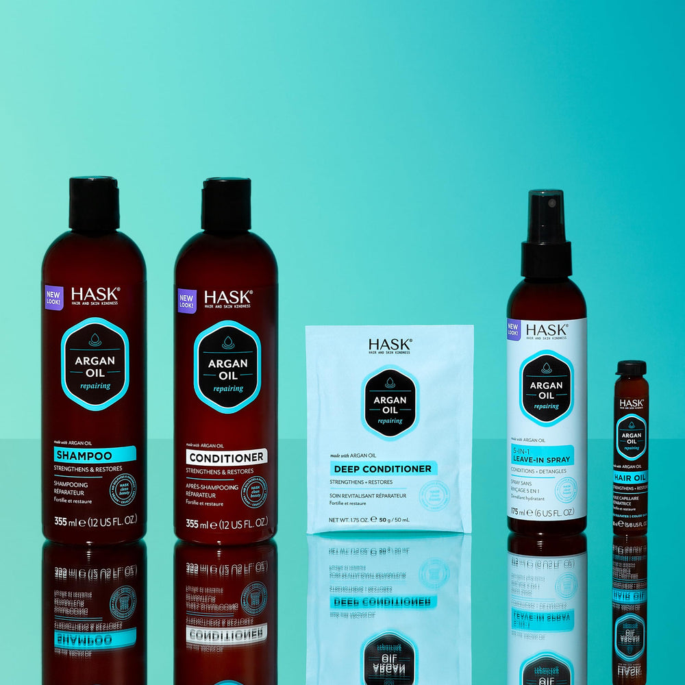 HASK Bundle Display with two leave-in sprays and a deep conditioner.