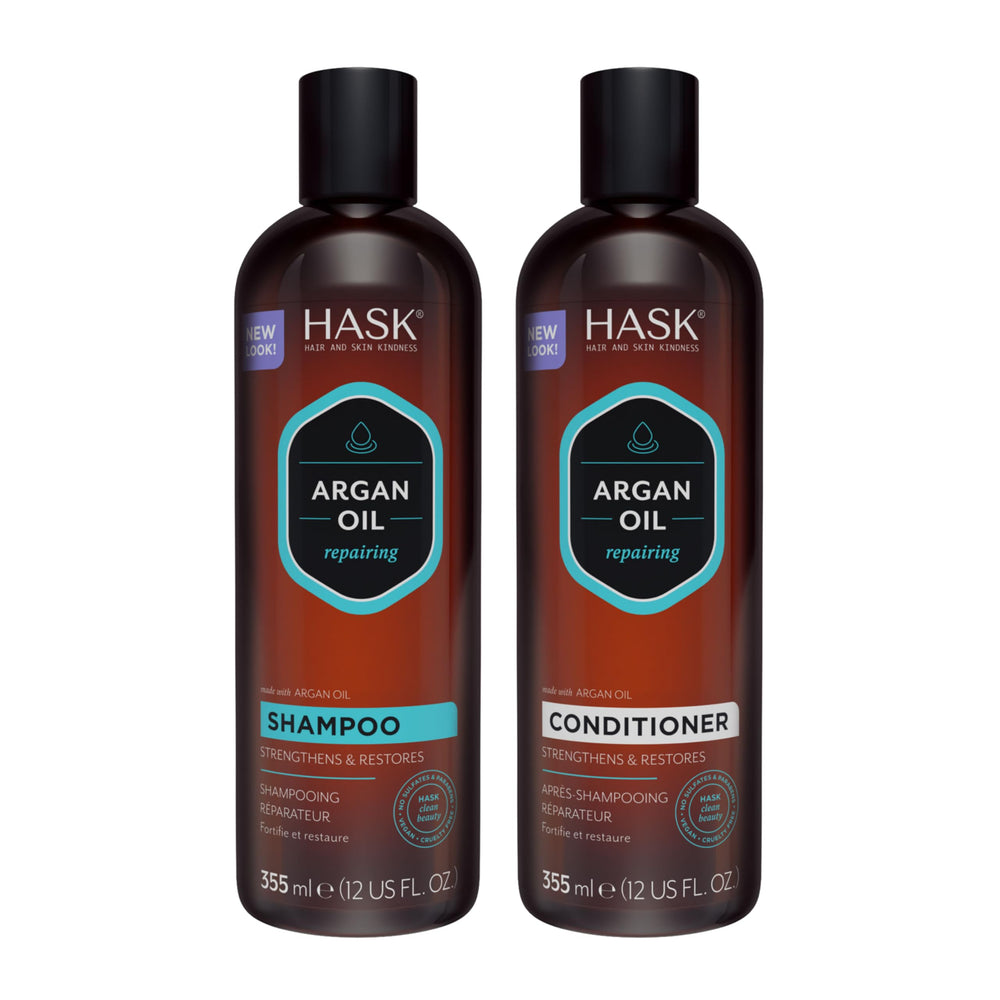 HASK Argan Oil Repairing Shampoo bottle with color-safe formula for damaged hair.