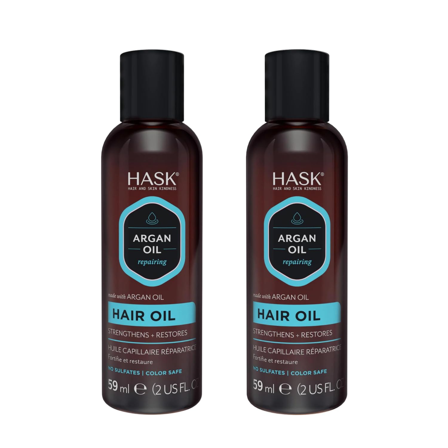 HASK Argan Repairing Hair Oil on dry hair reveals silky finish and frizz control.