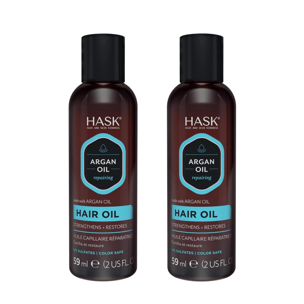 HASK Argan Repairing Hair Oil on dry hair reveals silky finish and frizz control.