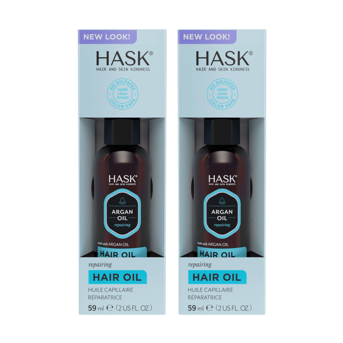 HASK Argan Repairing Hair Oil bottle shows lightweight formula for shine and frizz control.